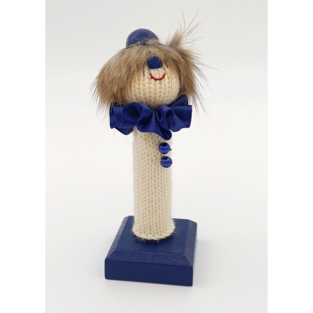 Vintage Clown Finger Puppet Figurine On Wooden Stand Knit Fur Hair Germany